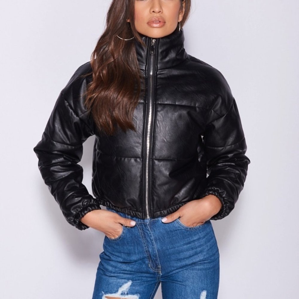 Black Faux Leather Padded Cropped Puffer Jacket